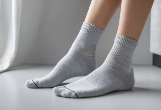 En elegant visning af selvsiddende strømper på en neutral baggrund, der fremhæver deres kvalitet og design.